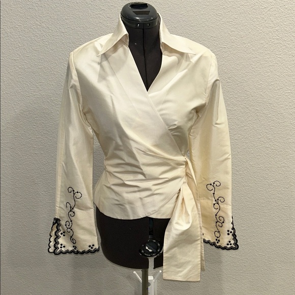 Marisa baratelli elegant Cream Wrap Blouse with Black Embroidery - Picture 1 of 10